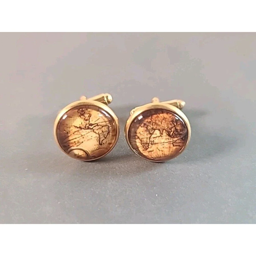 3 Piece Vintage World Map Cufflinks and Tie Clip Set
